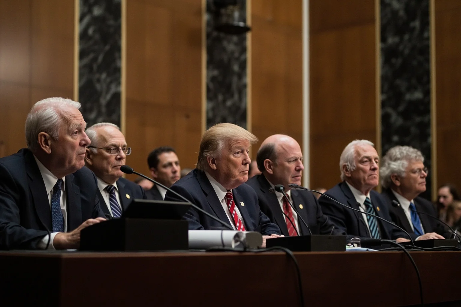 A Senate hearing room with five politicians sitting behind a long table facing a panel of investigators, with microphones and cameras, representing the Keating Five scandal