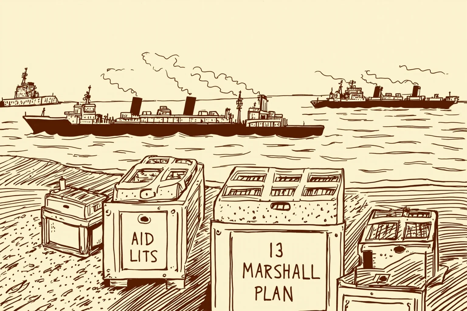 A sepia-toned illustration of cargo ships and crates labeled with aid supplies arriving at a European port after World War II, representing the Marshall Plan.