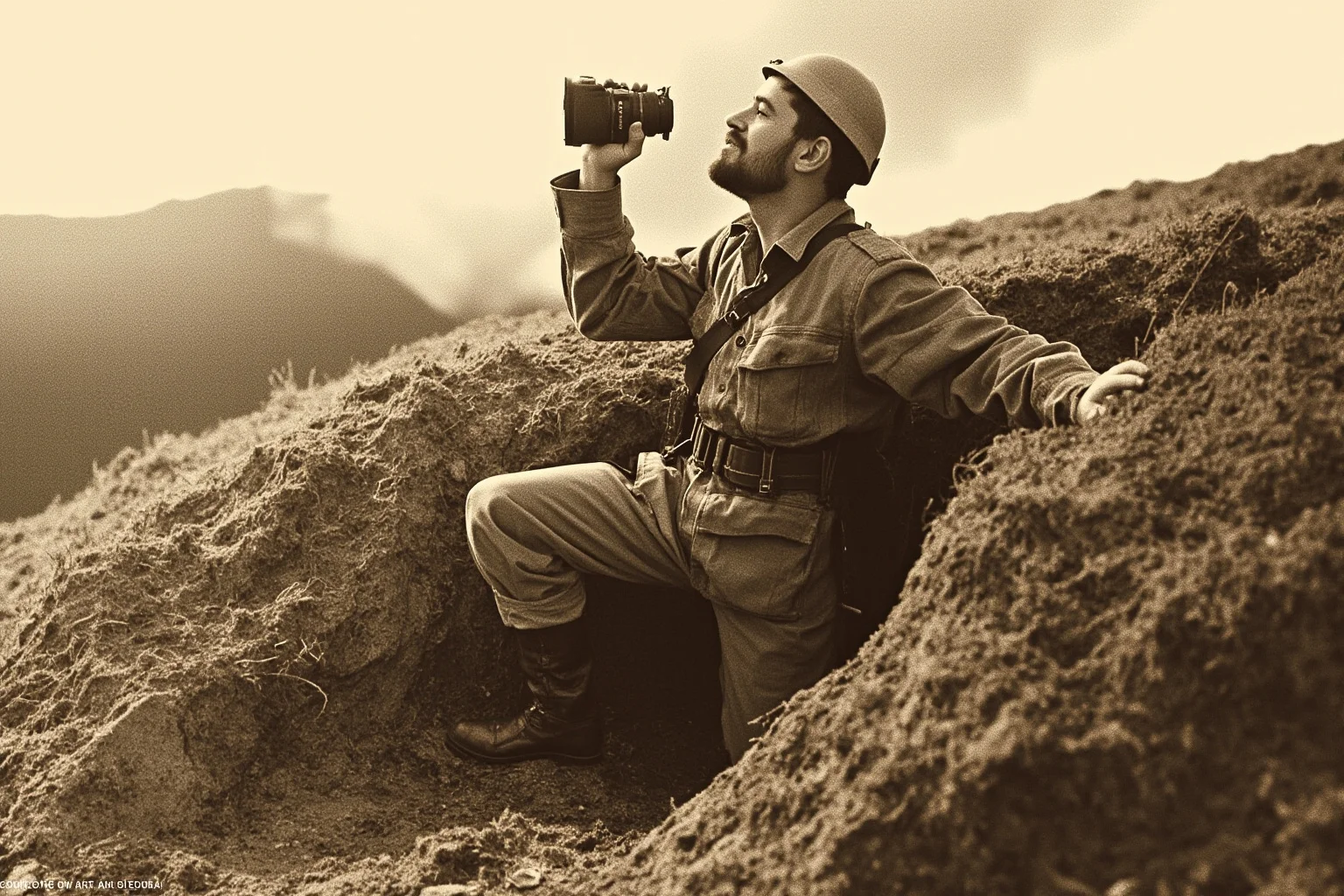 The Craziest Examples of the Butterfly Effect Throughout History 14 A sepia-toned re-creation illustration of a 1936 war photographer crouching in a Spanish Civil War trench, an old rangefinder camera raised, distant smoke on the hills behind.
