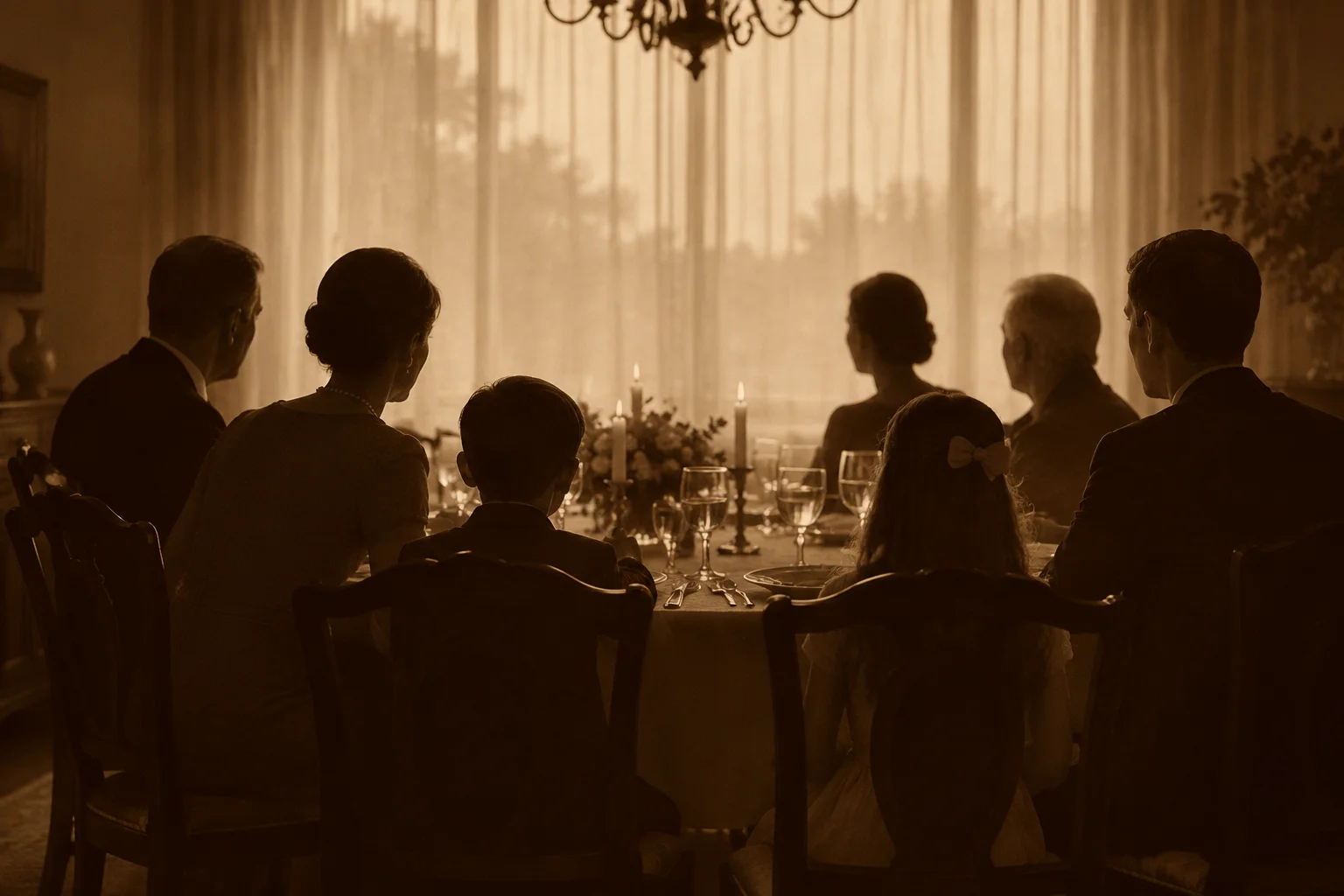 The Election Decided By A Dead Man: The True Story of Missouri's 2000 Senate Race 19 A sepia-toned silhouette of an extended family at a formal dinner table, faces turned away or out of frame.