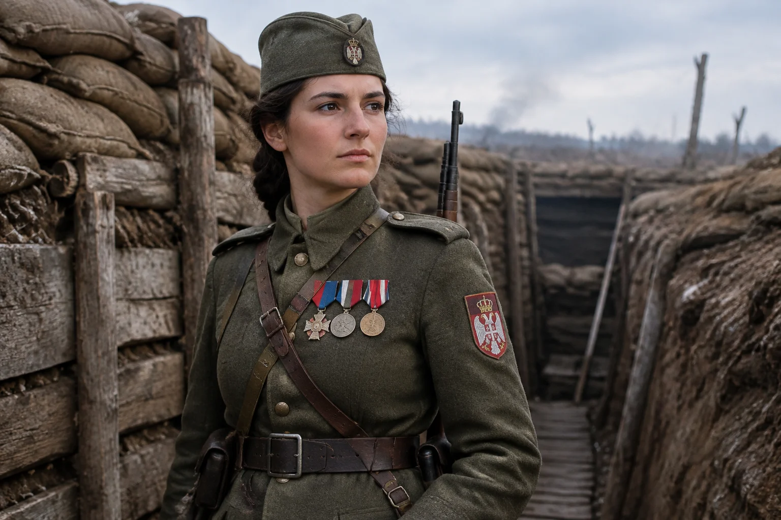 A Serbian female soldier in uniform with medals, standing in a trench during WWI, looking resolute, safe for work.