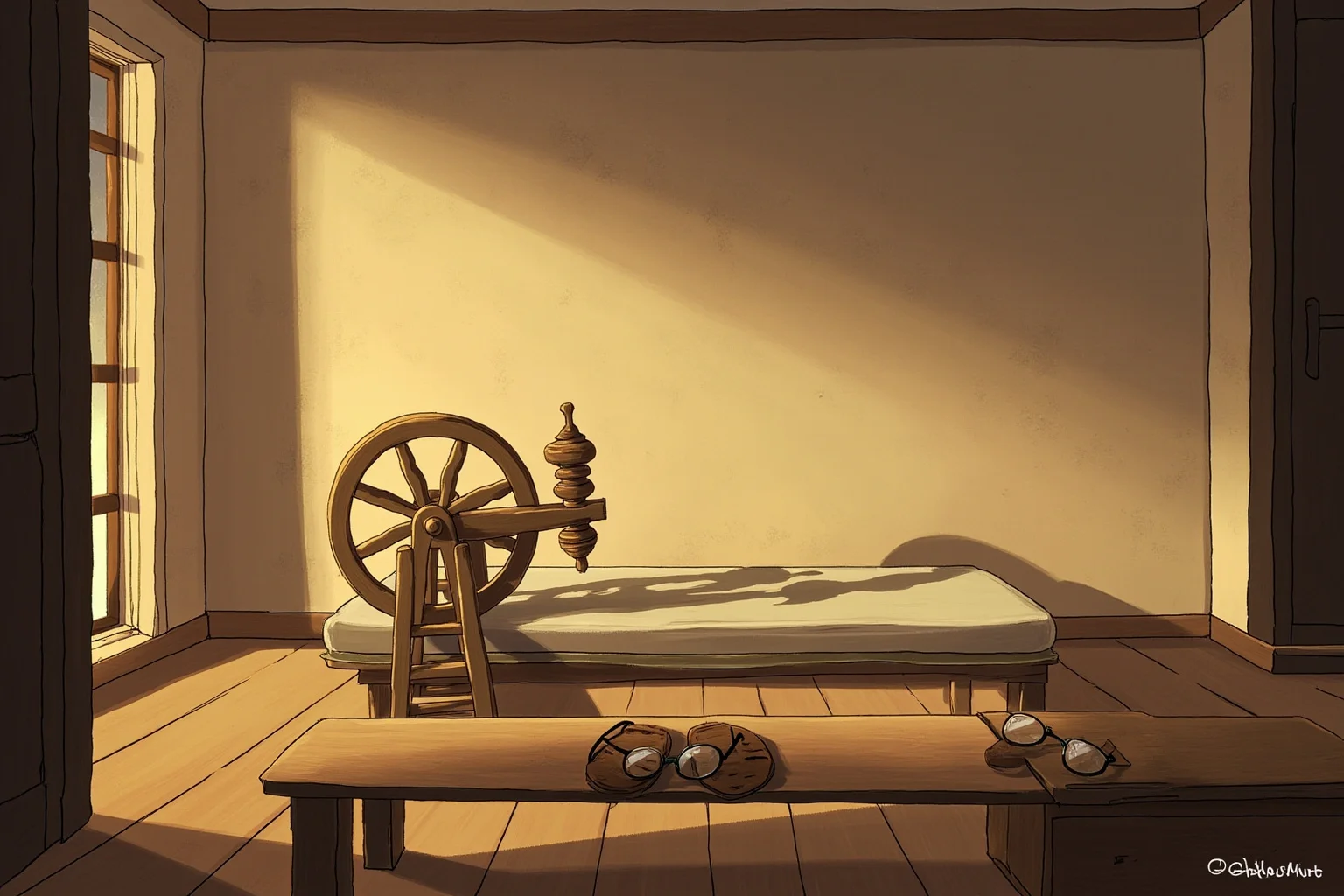 20 Little-Known Facts About Mahatma Gandhi 9 A serene illustration of a simple ashram room with a thin mattress, a spinning wheel, sandals, and spectacles on a low table, early morning light.