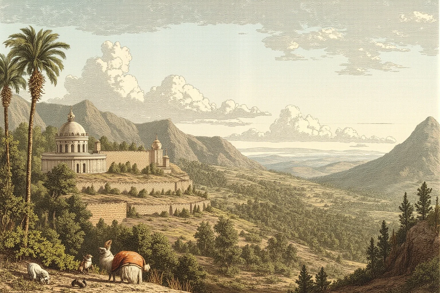 A serene walled valley in the Ethiopian highlands with a domed pavilion and palm trees, distant mountains, eighteenth-century travel illustration style.