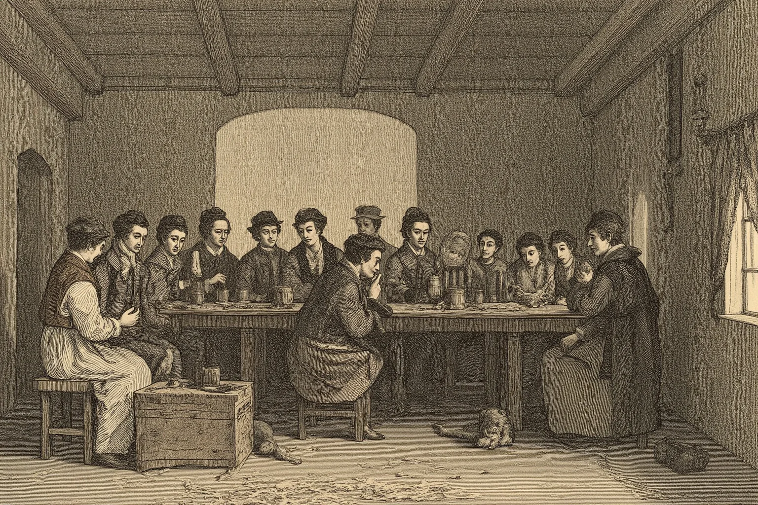 Today in History: Guy Fawkes and the Gunpowder Plot to Blow Up Parliament 2 A seventeenth-century style engraving scene of a group of conspirators in period clothing gathered around a table in a candlelit tavern room, speaking in low voices, sepia tones, no recognizable real faces