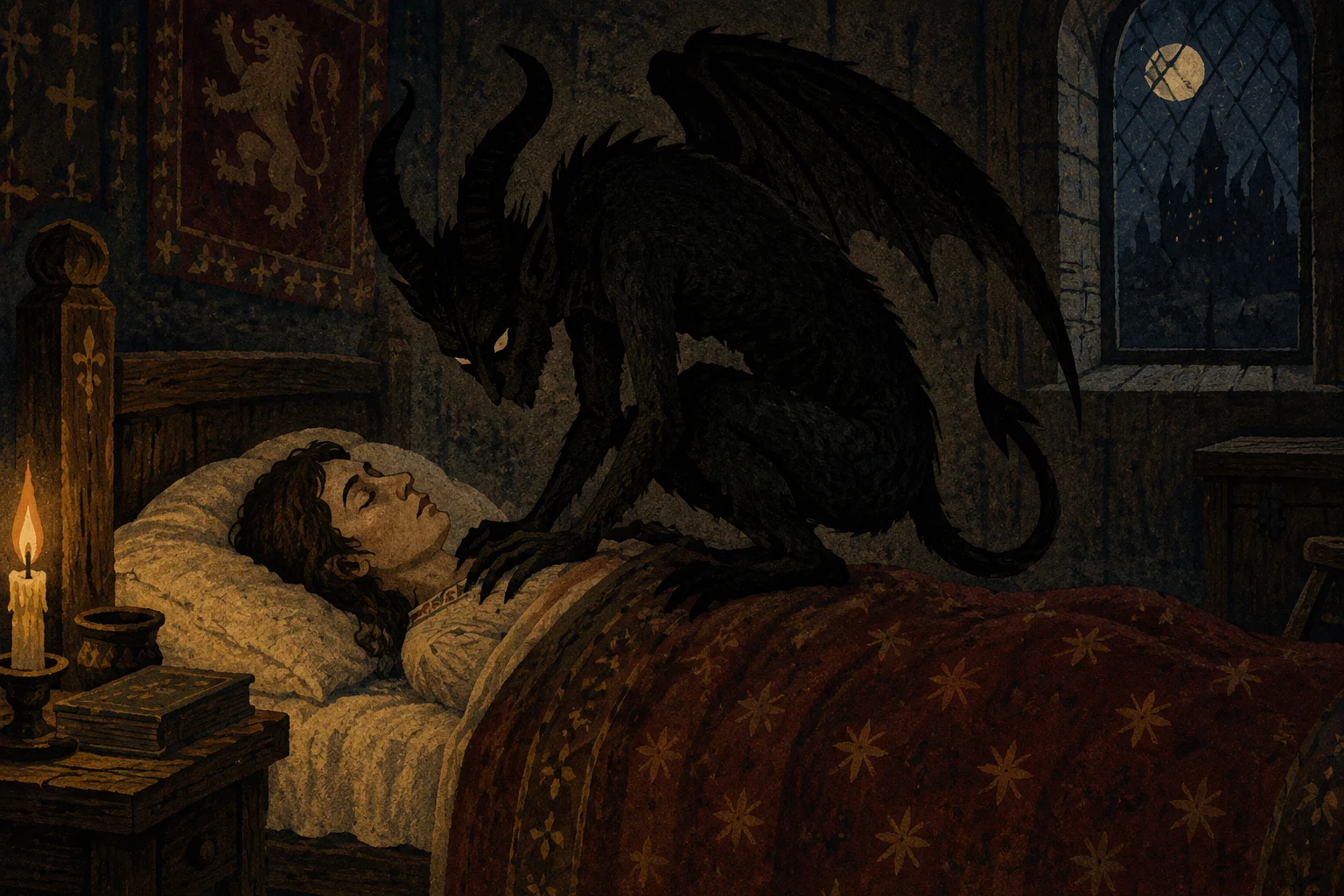 A shadowy demonic figure crouching on a sleeping person's chest in a dark medieval bedroom, stylized folk-art illustration, spooky but not gory.