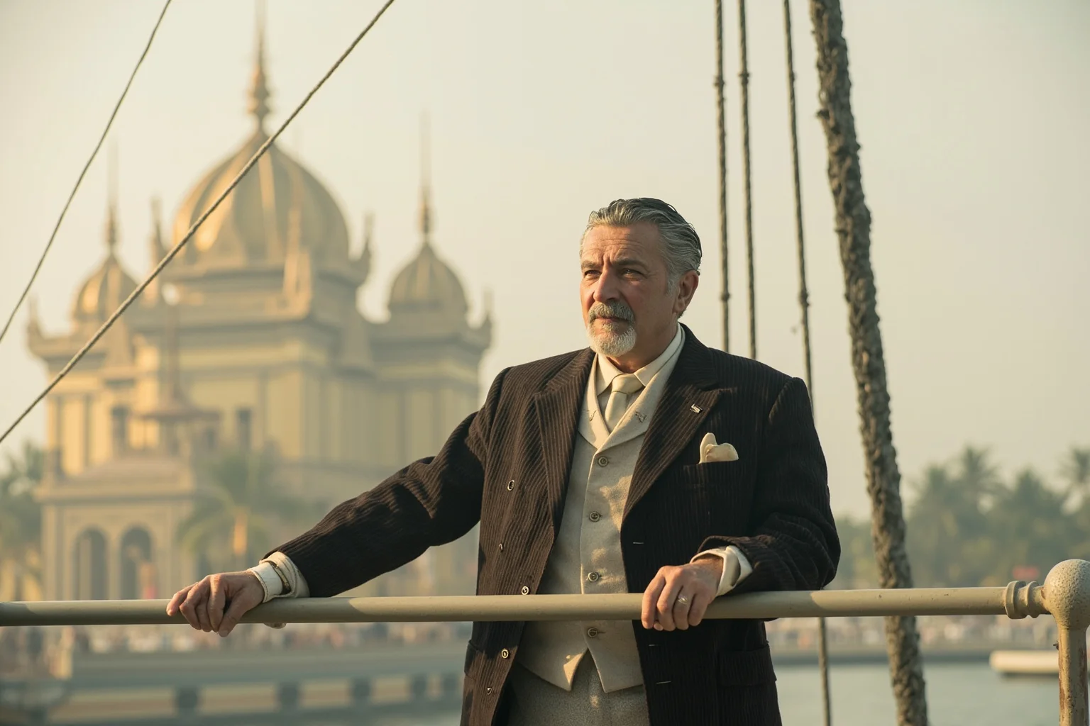 A Siamese king in a tailored Western suit standing at a ship's railing, a gilded tropical palace faintly visible in the distance, soft tropical haze.