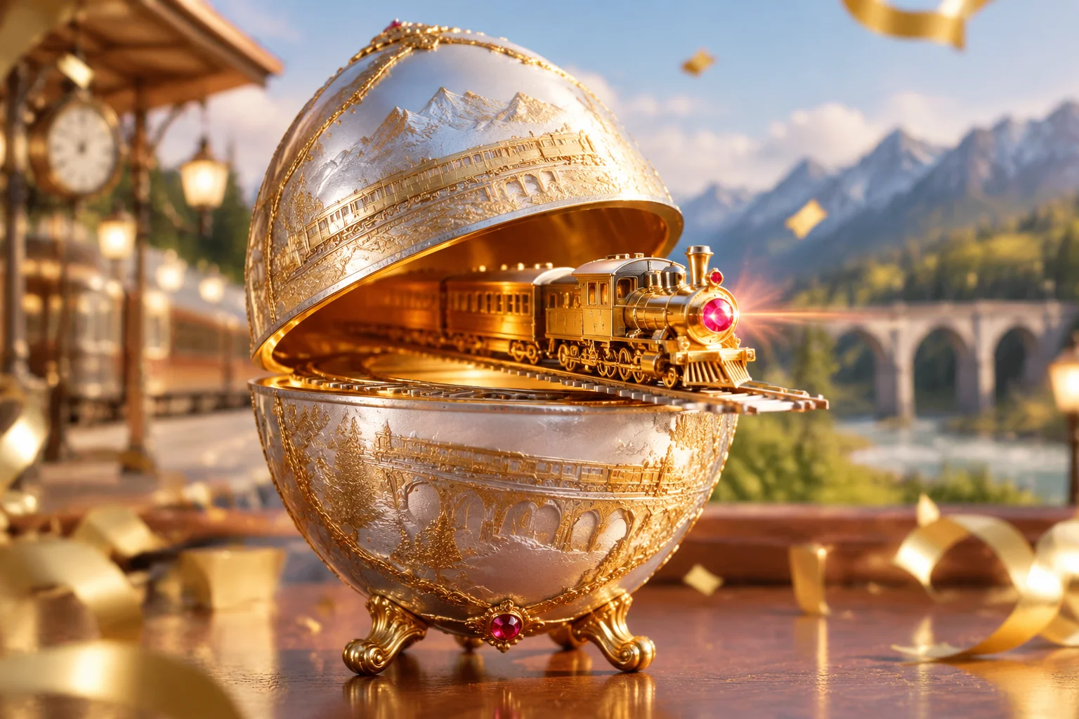 A silver and gold egg celebrating a railway, with a miniature gold train that moves, complete with a ruby headlight.