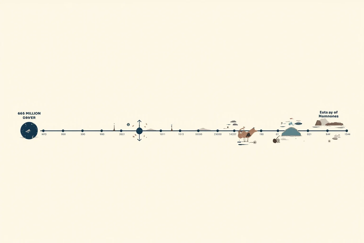 A simple timeline graphic illustration from 66 million years ago to today, showing the impact, the extinction layer, and the rise of mammals and birds, with stylized icons rather than text labels.
