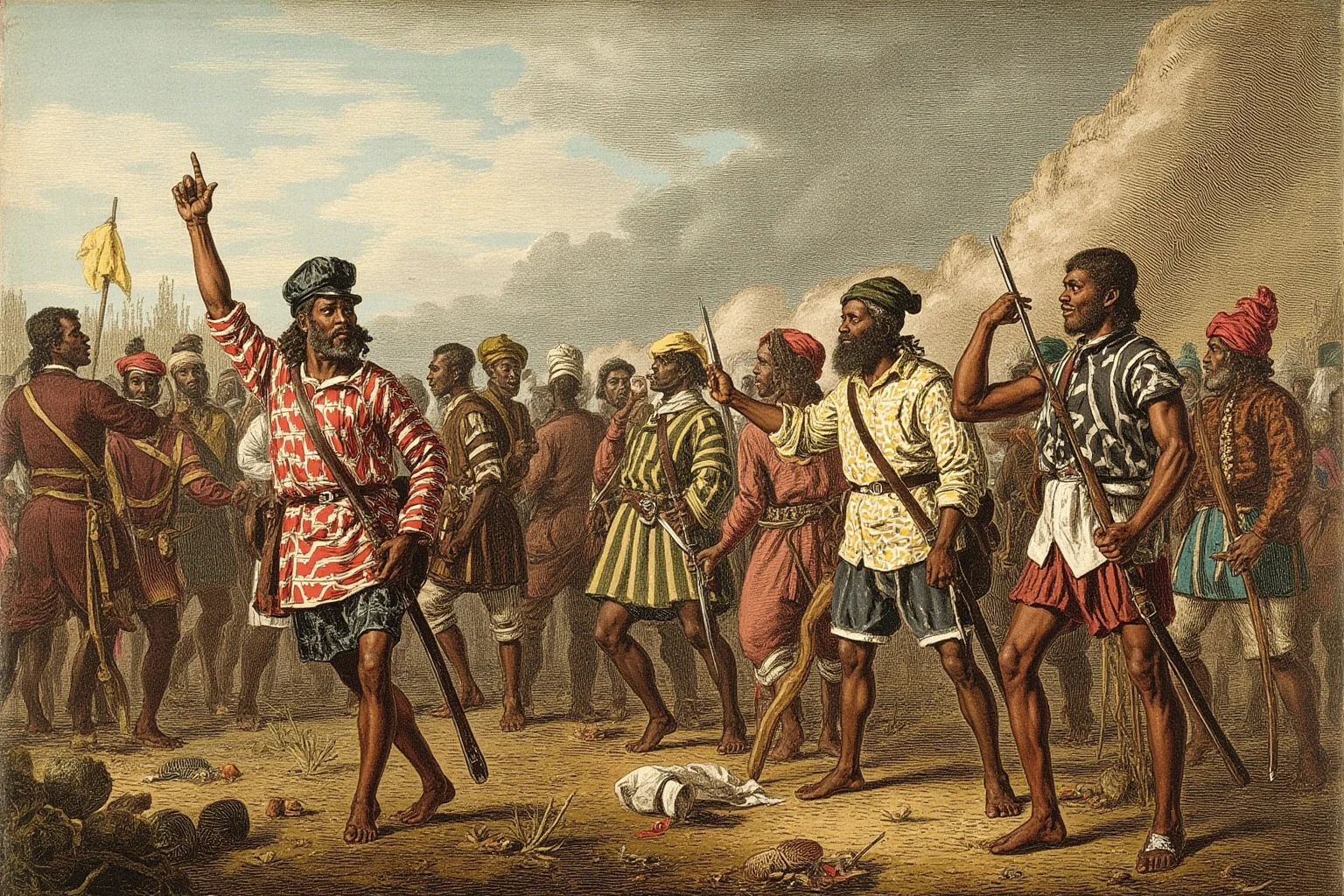 Fascinating Facts About The French Revolution 10 A slave revolt in Saint-Domingue (Haiti) with enslaved people rising up, inspired by French Revolution, historical illustration.