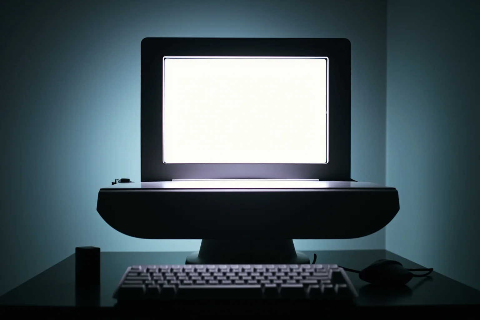 The Greatest Underdog Stories in History: 20 Unlikely Wins That Still Inspire 18 A sleek modern computer on a minimalist desk with a glowing logo-free screen, 1990s to 2000s tech revival mood.