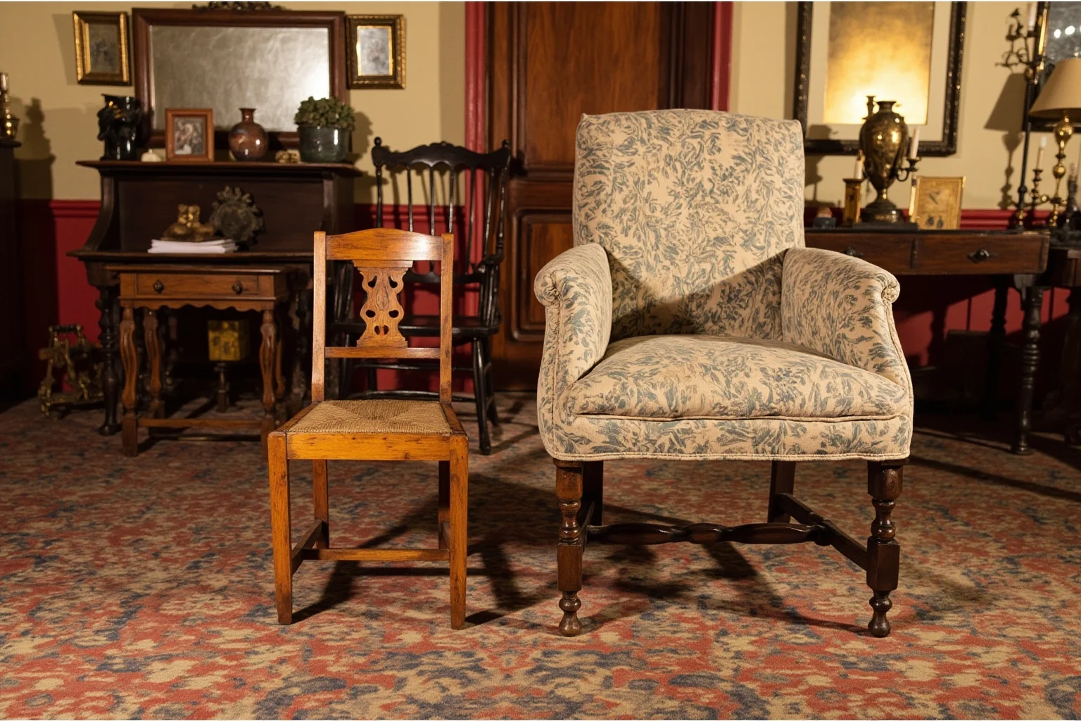 A small antique chair and a large chair side by side in a historic parlor, illustrating a size contrast, no people.