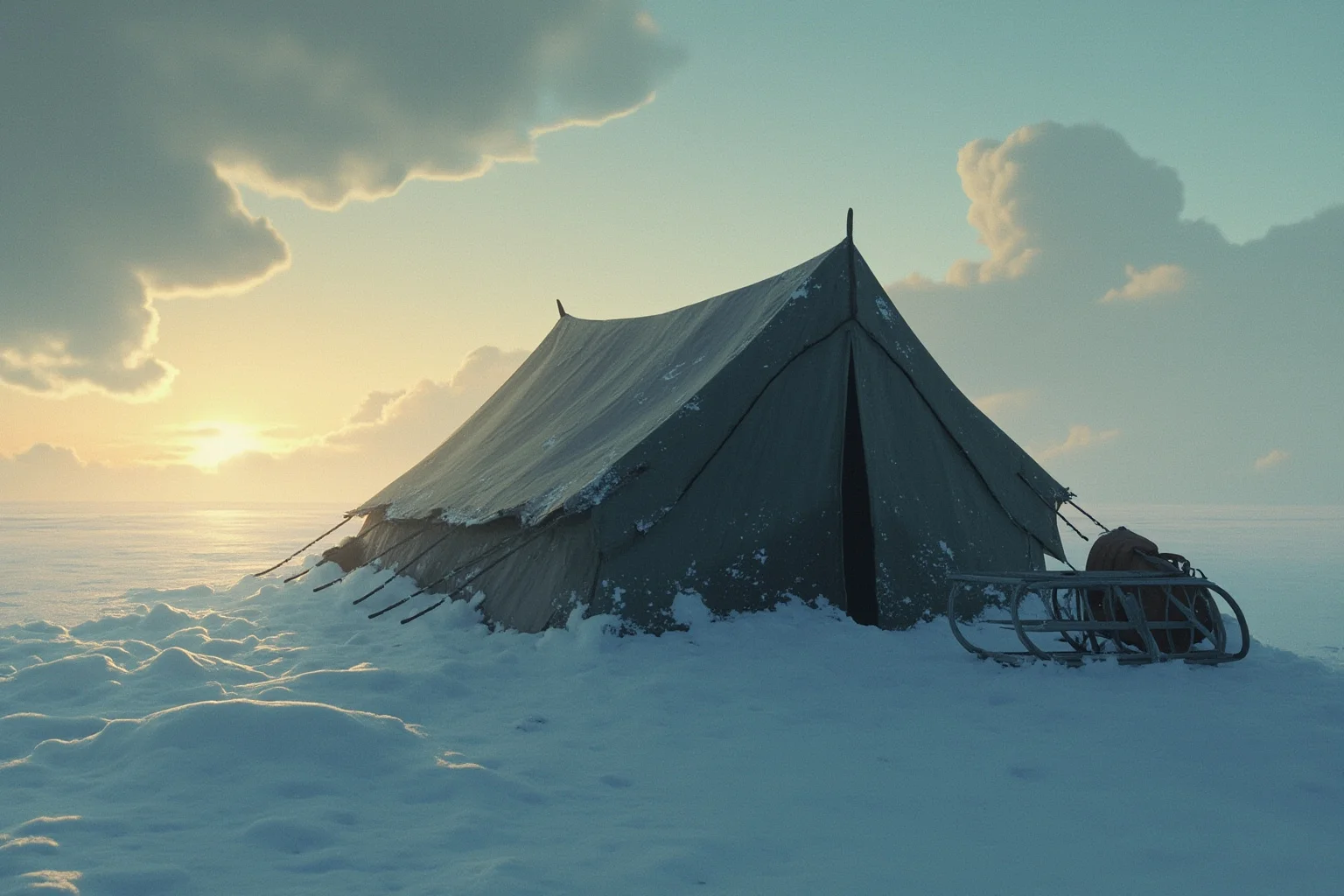 The Deadly Race to the South Pole: Amundsen vs. Scott's Frozen Tragedy 3 A small battered canvas tent half-buried in blowing snow on a barren Antarctic ice shelf at dusk, with a sledge and skis planted in the snow, somber historical illustration style