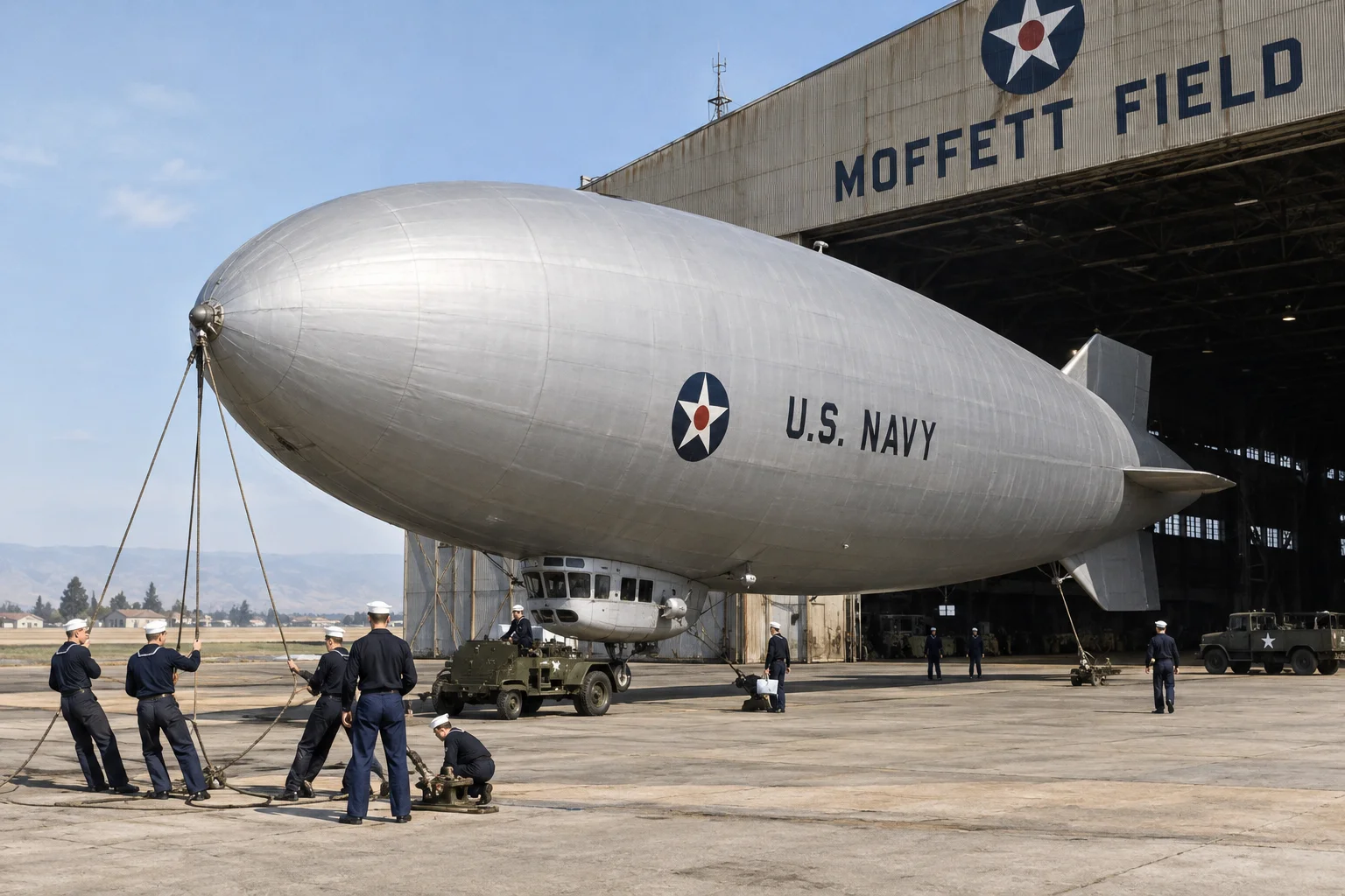 Ghost Blimp 1942: The WWII Blimp That Landed in San Francisco Without a Crew 19 A small blimp moored at Moffett Field hangar, with sailors working around it, 1942.