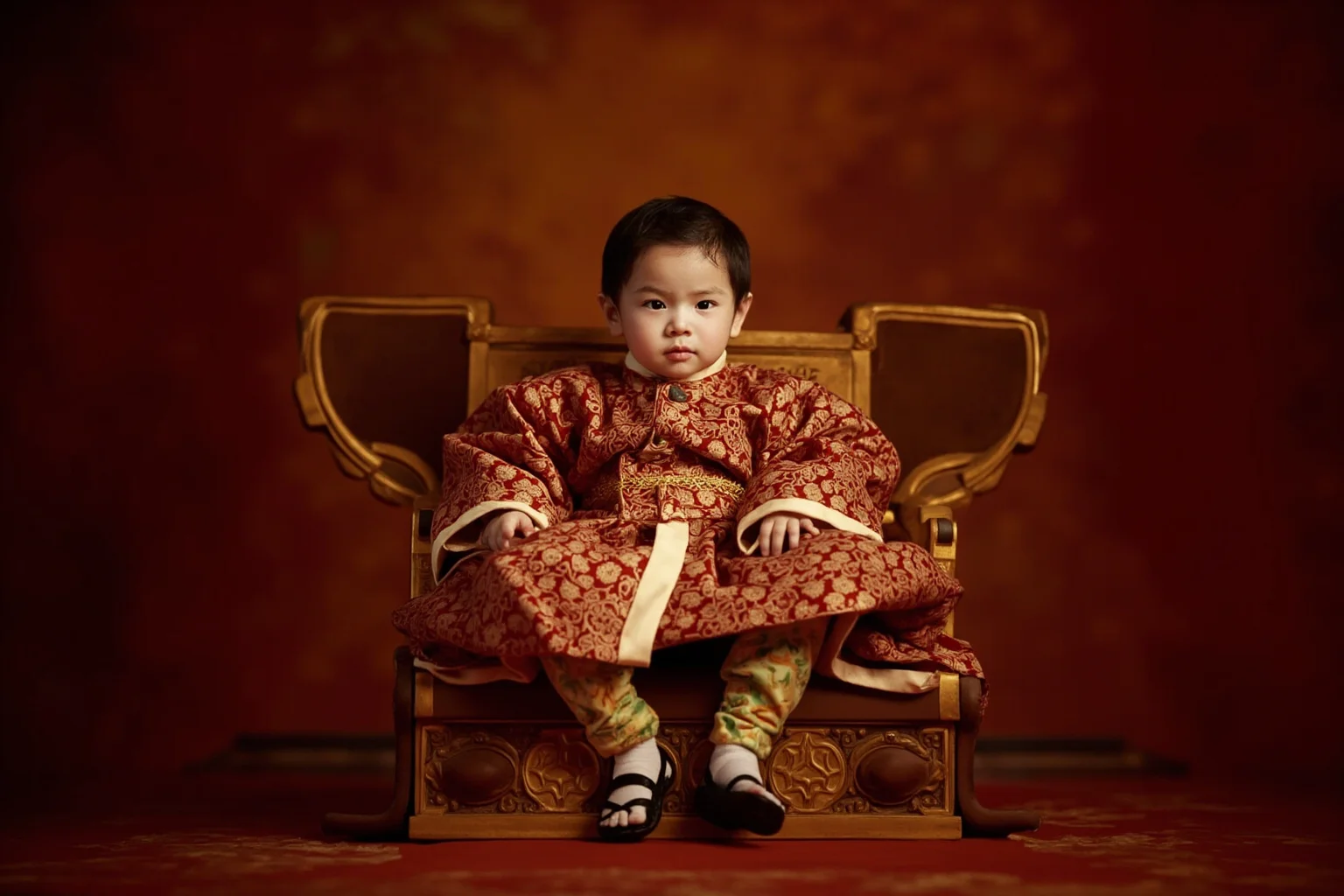 A small child emperor in oversized embroidered robes seated on a vast golden throne in the Forbidden City, tiny feet dangling, deep red and gold palette.