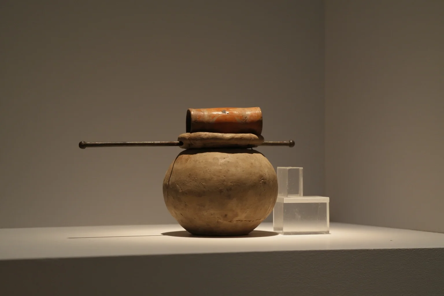 A small clay jar with a copper cylinder and an iron rod on a museum shelf