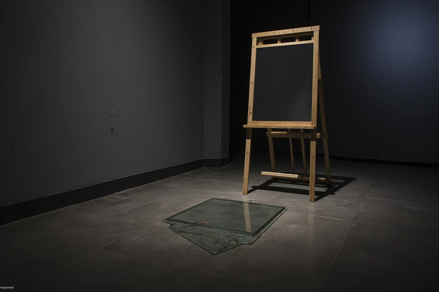 22 Famous Paintings That Were Stolen — Including 10 That Were Never Recovered 11 A small Dutch museum at dawn during lockdown, broken glass on the floor and an empty easel, quiet and eerie atmosphere, soft grey light.