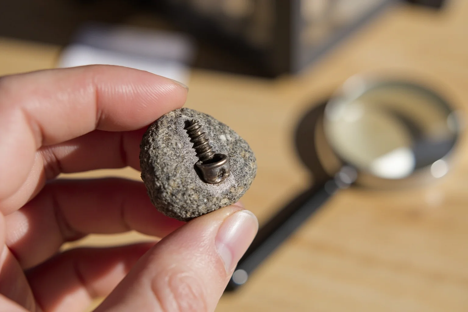 A small stone with a metallic screw-like object embedded in it, held in a human hand, with a magnifying glass nearby, natural light.