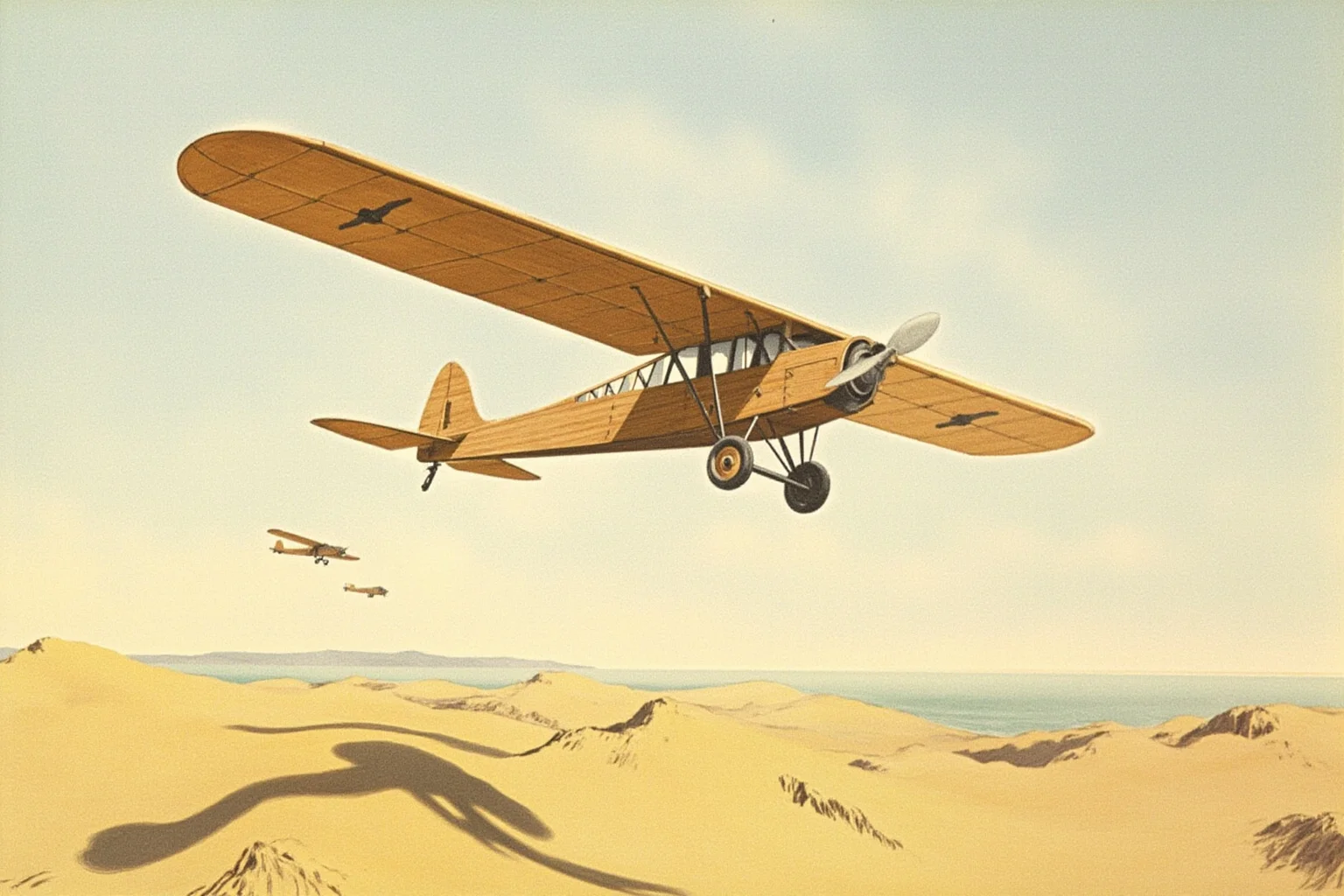 The Greatest Underdog Stories in History: 20 Unlikely Wins That Still Inspire 17 A small wooden airplane flying low over sand dunes at the moment of first flight, early 1900s atmosphere, historical illustration.