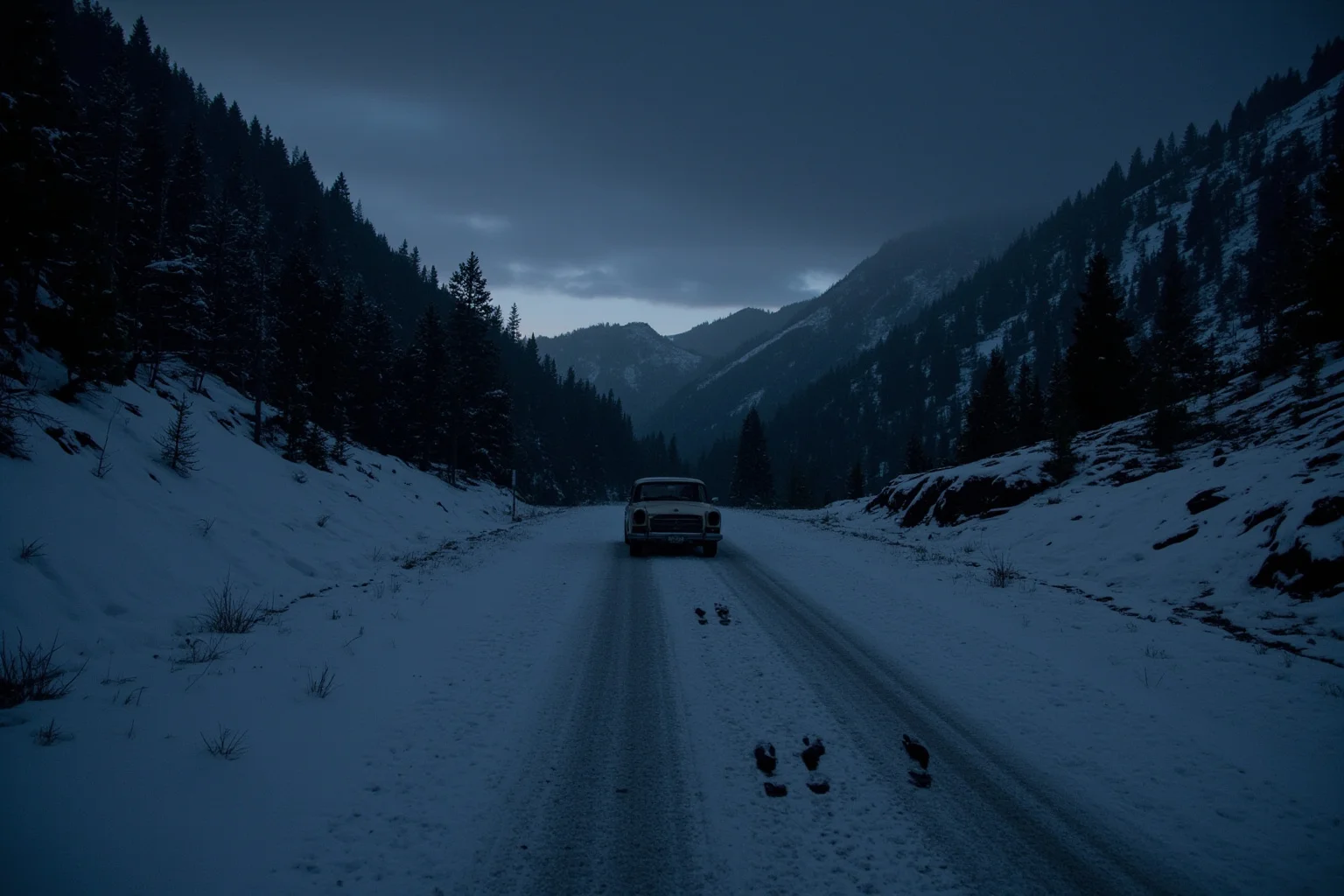 Scariest Missing Persons Cases in History: 20 Creepy Disappearances That Still Baffle Us 16 A snowy mountain road in California with an abandoned car, five men's footprints leading into the forest, twilight, unsettling mood.