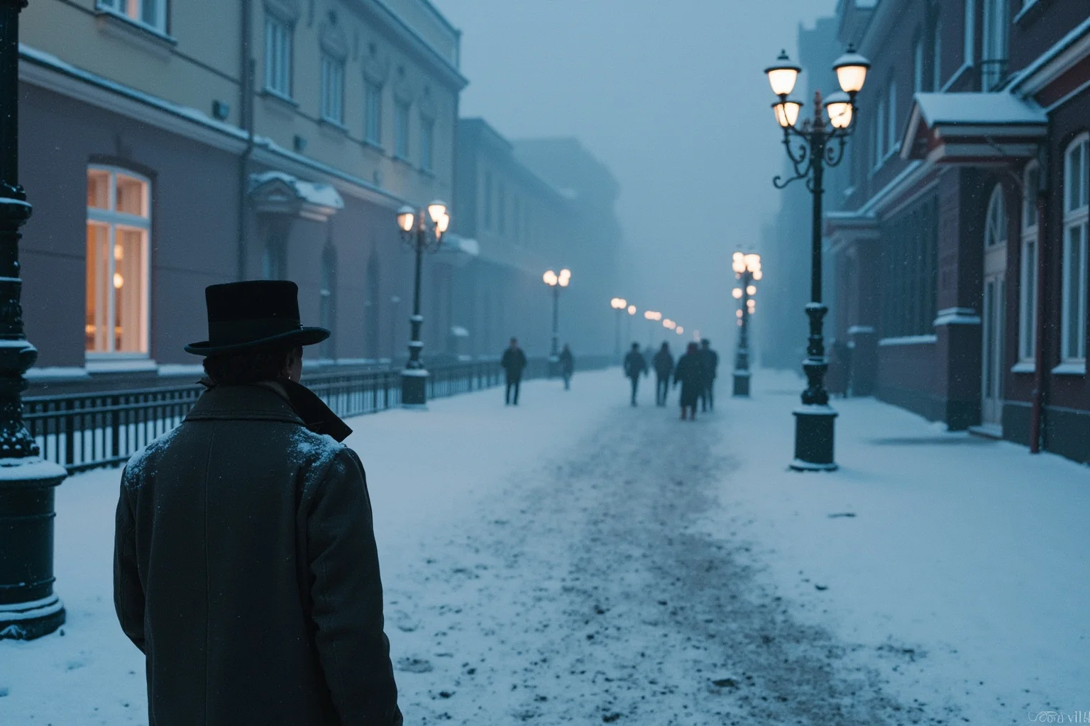 A snowy nineteenth-century St Petersburg street with gas lamps and a lone figure in a heavy coat seen from behind, blue-grey palette.