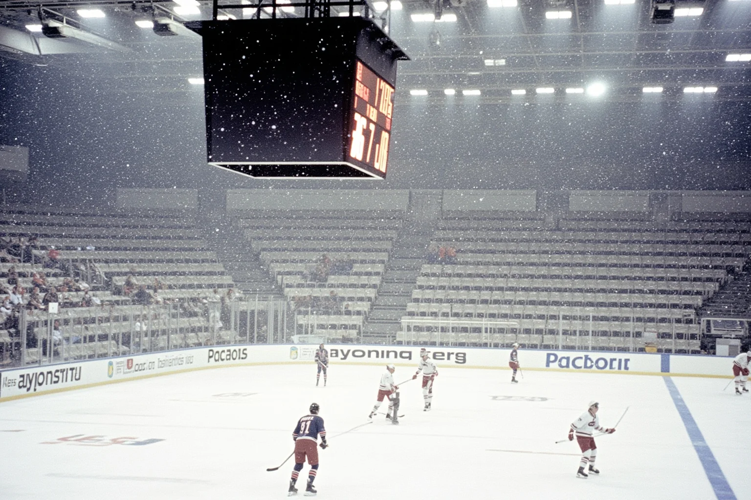 The Greatest Underdog Stories in History: 20 Unlikely Wins That Still Inspire 7 A snowy outdoor ice hockey rink with a scoreboard showing a narrow upset victory, 1980s winter Olympic atmosphere, no recognizable faces.