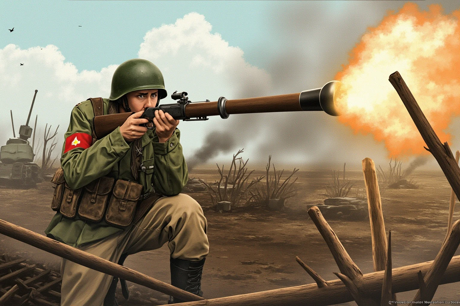 A soldier aiming a bazooka rocket launcher on a battlefield, World War II era, action illustration
