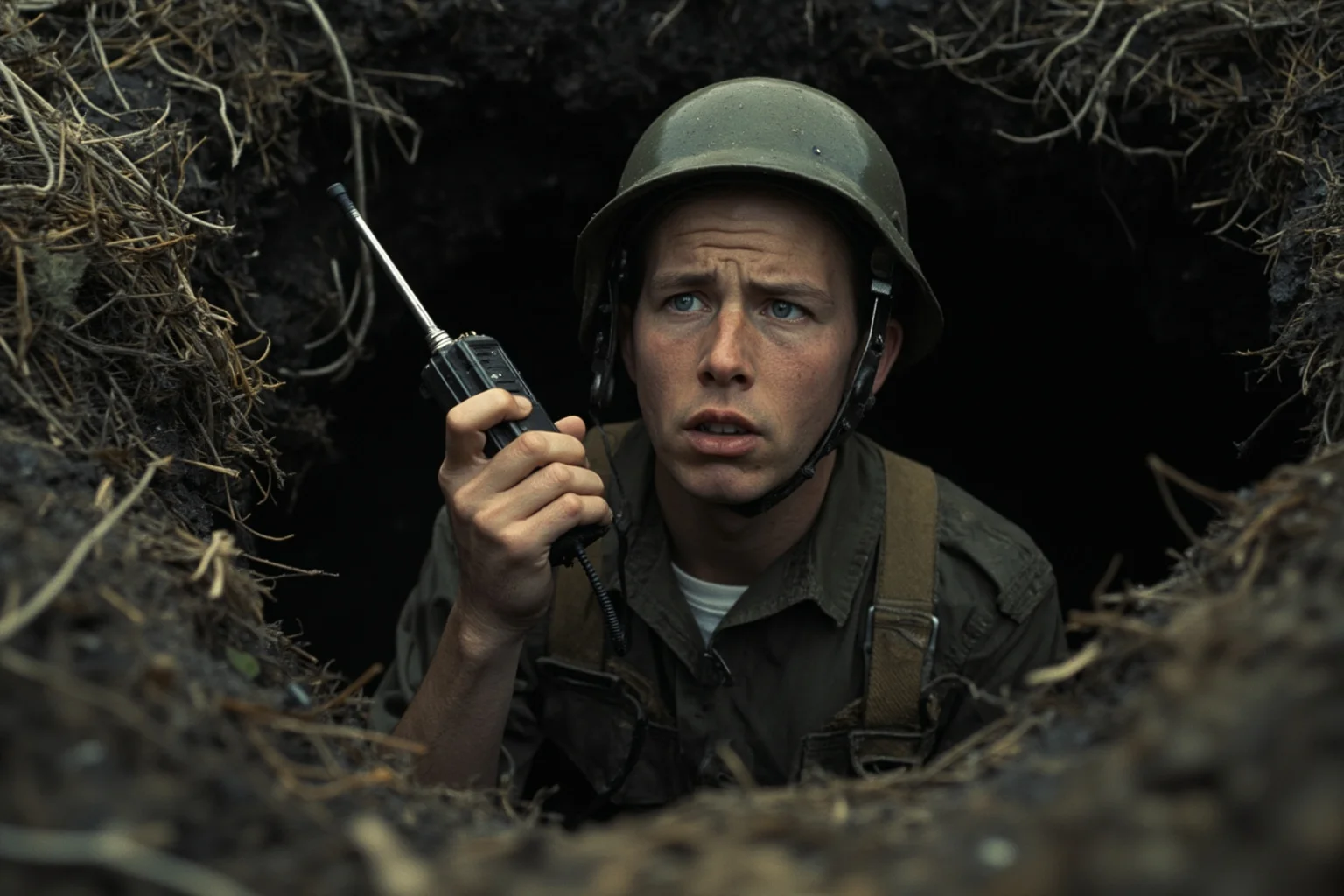 A soldier holding a walkie-talkie radio in a foxhole, World War II communication scene