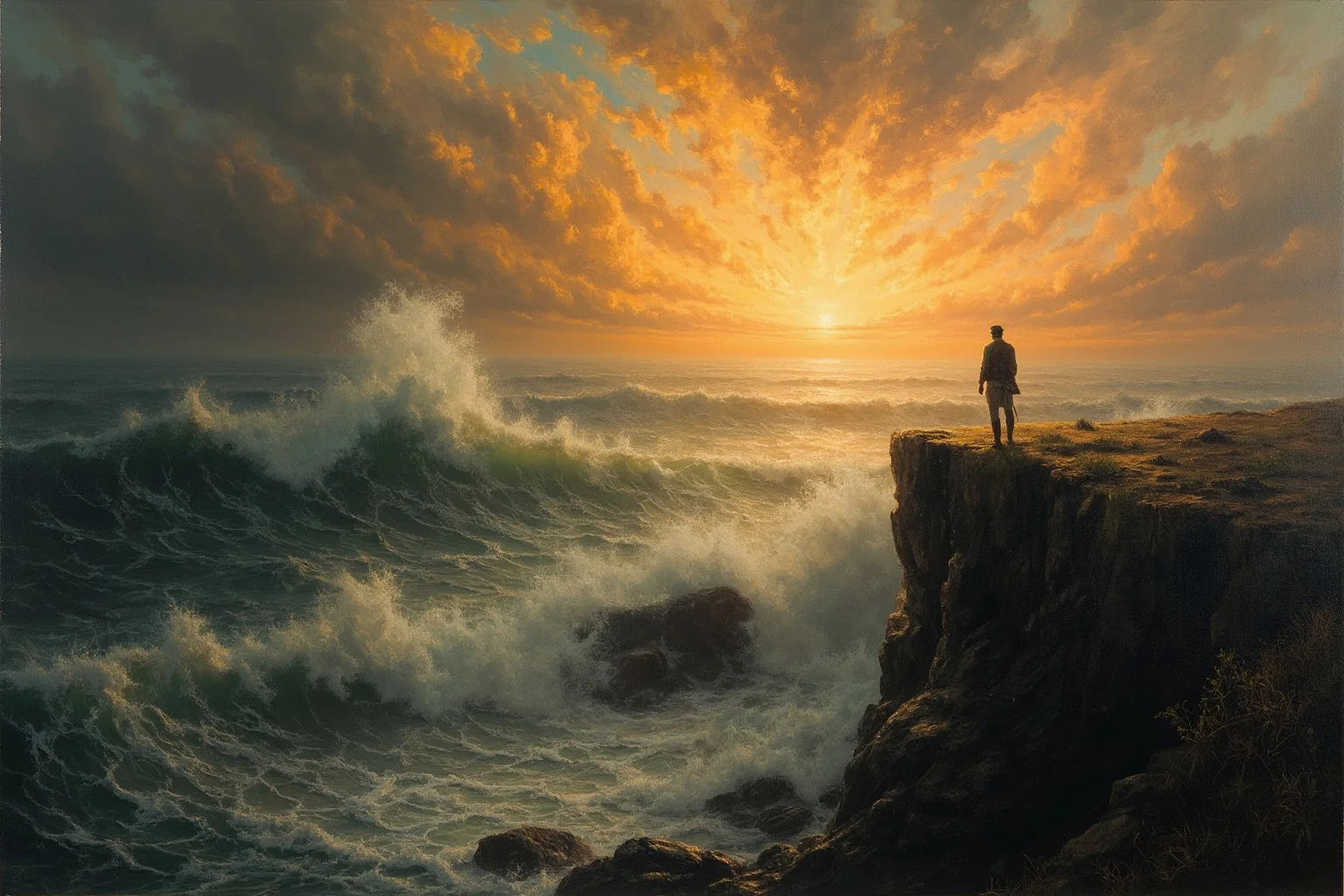 A solitary figure on a cliff overlooking a stormy ocean at sunrise, seen from behind at a distance, symbolizing rescue and isolation, painterly historical style
