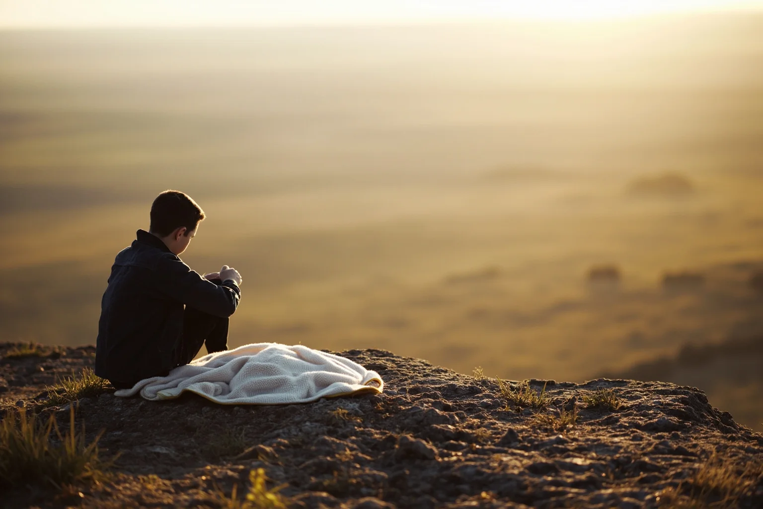 A solitary young person sitting on a rocky hilltop at sunrise with a blanket, an expanse of prairie below, contemplative mood