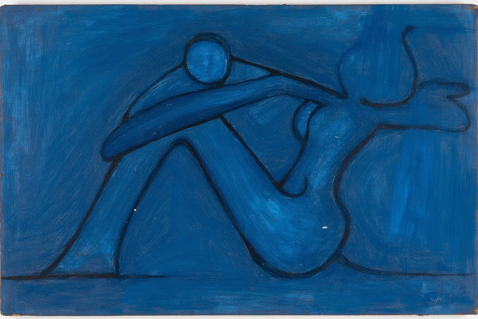 A somber blue-toned painting of a thin seated figure with a bowed head, evoking the Blue Period, brushy and stylized