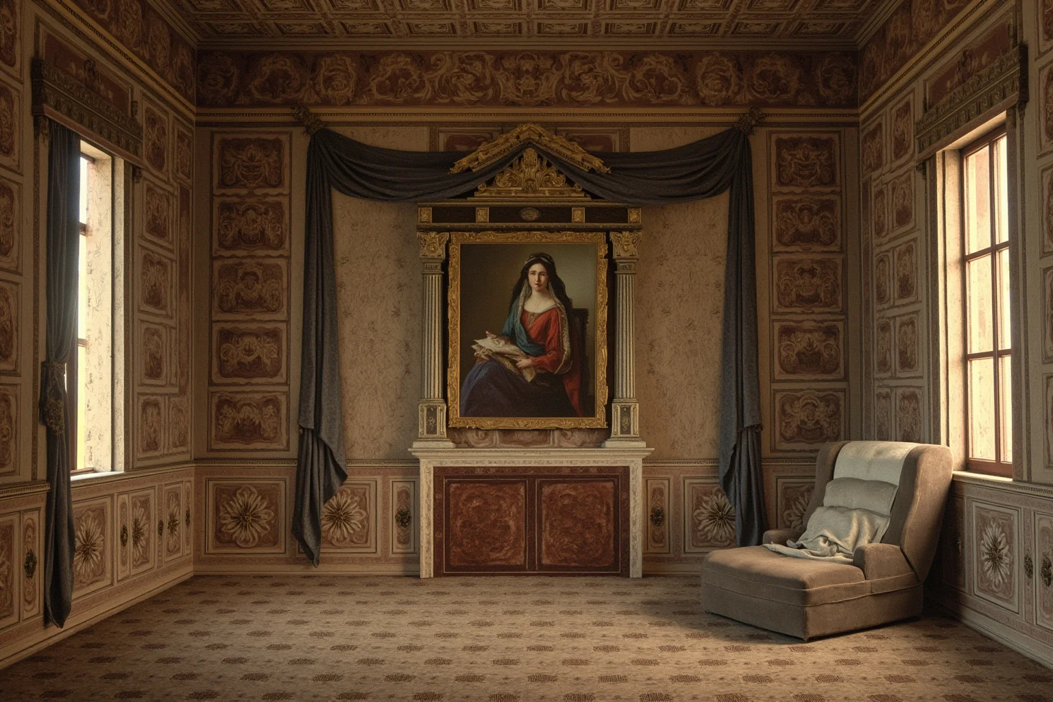 A somber Roman villa interior with a family portrait and mourning drapes, classical fresco style