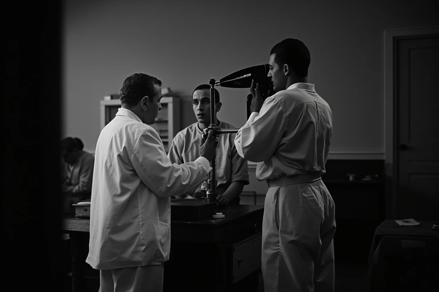 A somber vintage medical examination room from the 1930s-1960s showing a doctor examining a patient without explaining the true nature of the study, representing the Tuskegee Syphilis Experiment