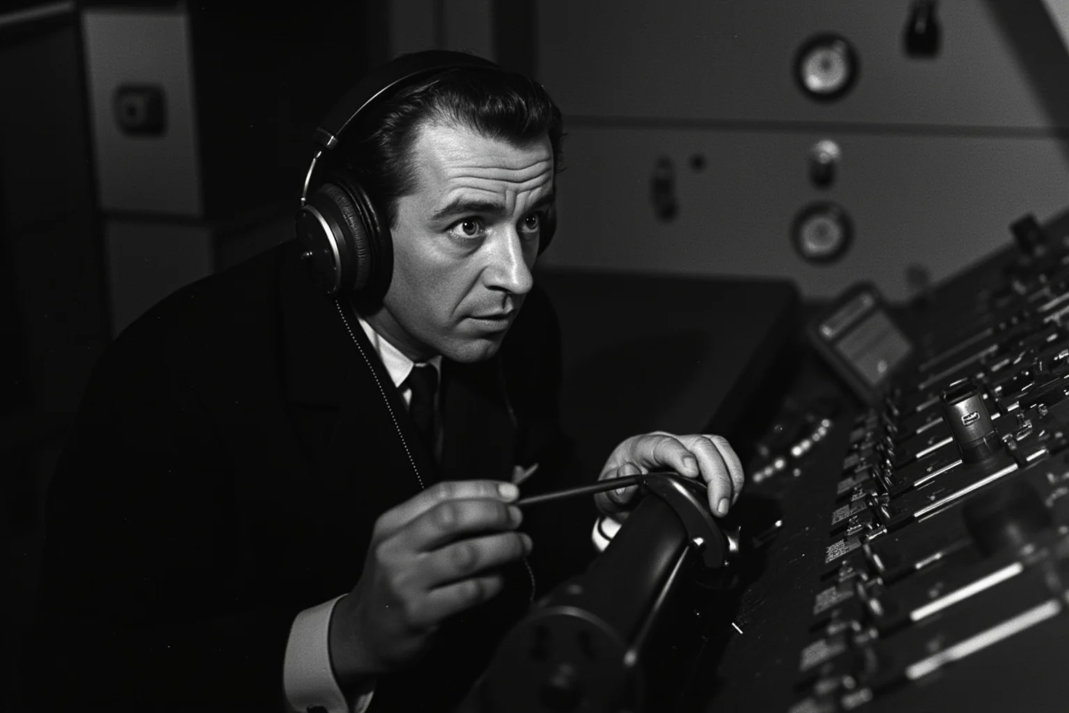 A sonar operator in a cramped submarine control room, headphones on, 1940s naval scene