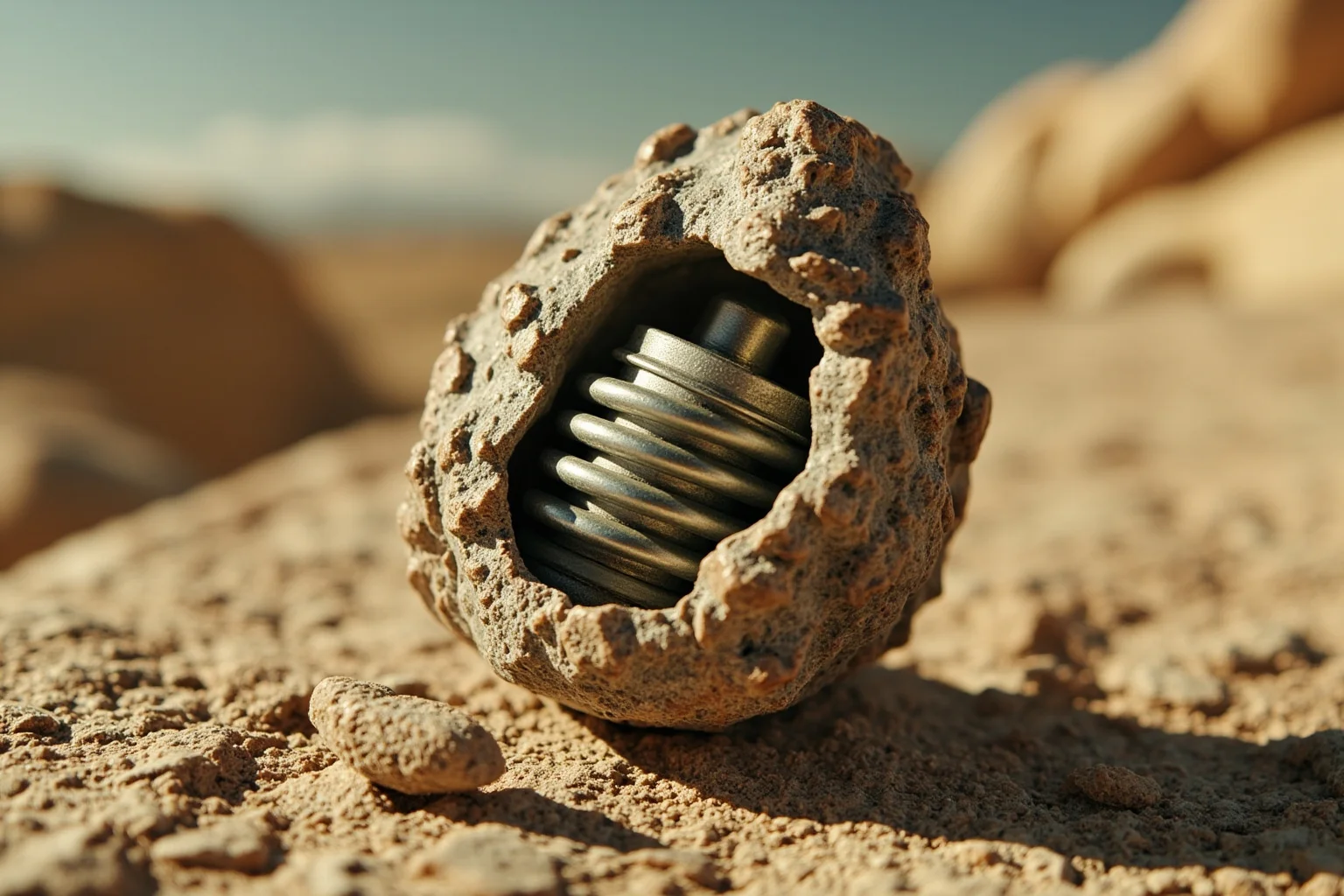 A spark plug encased in a geode-like rock concretion, California desert setting, vintage 1920s style, photorealistic