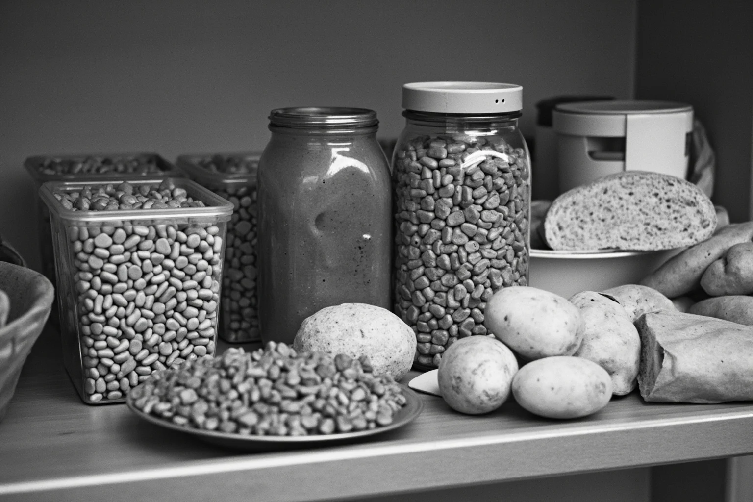 A sparse kitchen pantry with beans, bread, and potatoes, showing a simple Depression-era meal.