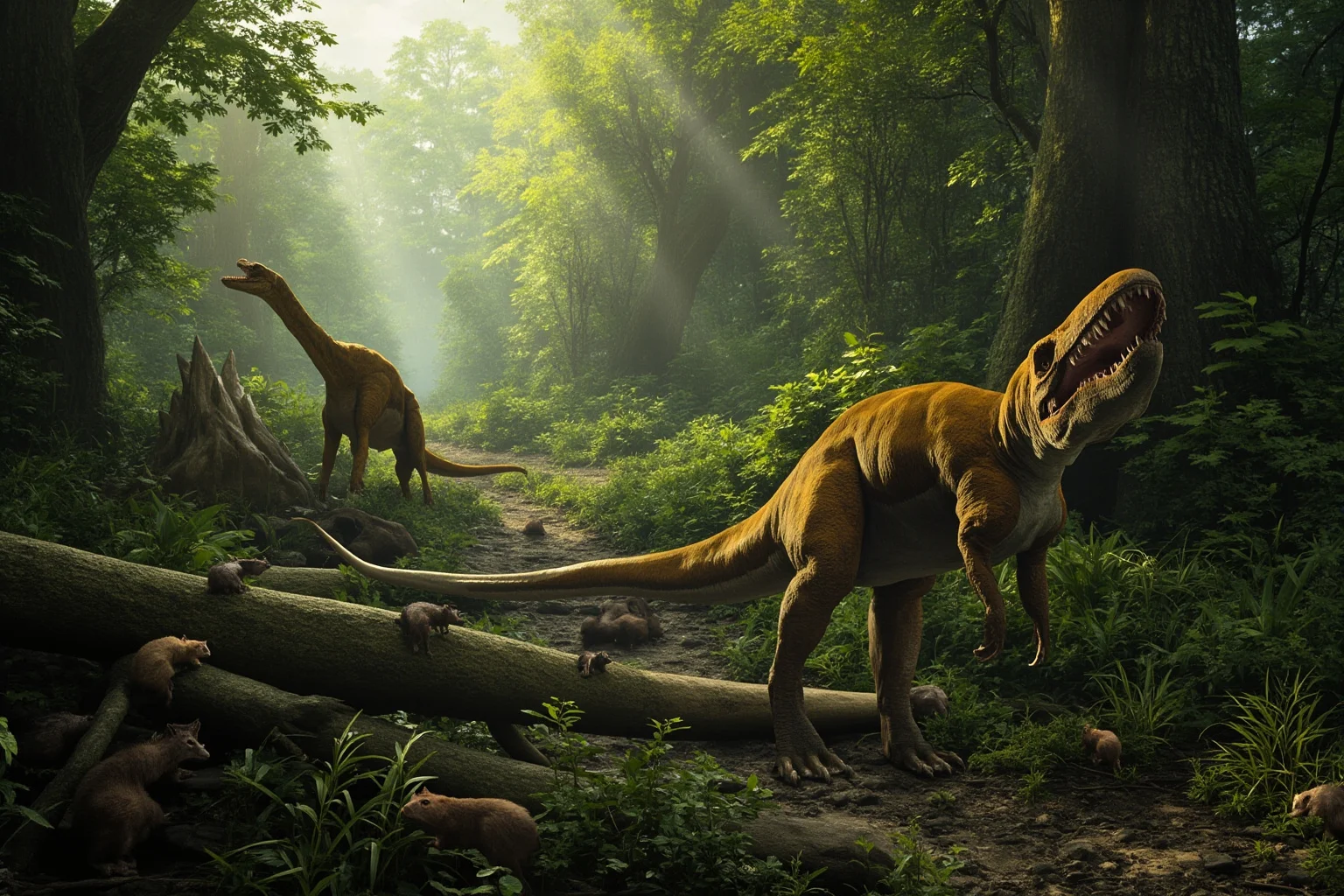 A speculative but plausible scene of a world where the asteroid missed Earth, with diverse non-avian dinosaurs still roaming a lush Cretaceous-style forest while small mammals hide in the undergrowth, imaginative and clearly not a real photograph.