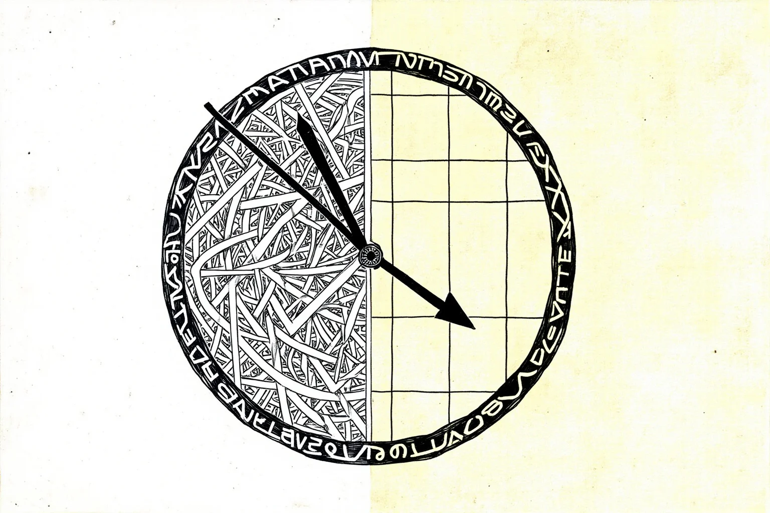 A split-concept editorial illustration contrasting a chaotic tangled clock face with a calm, ordered calendar grid
