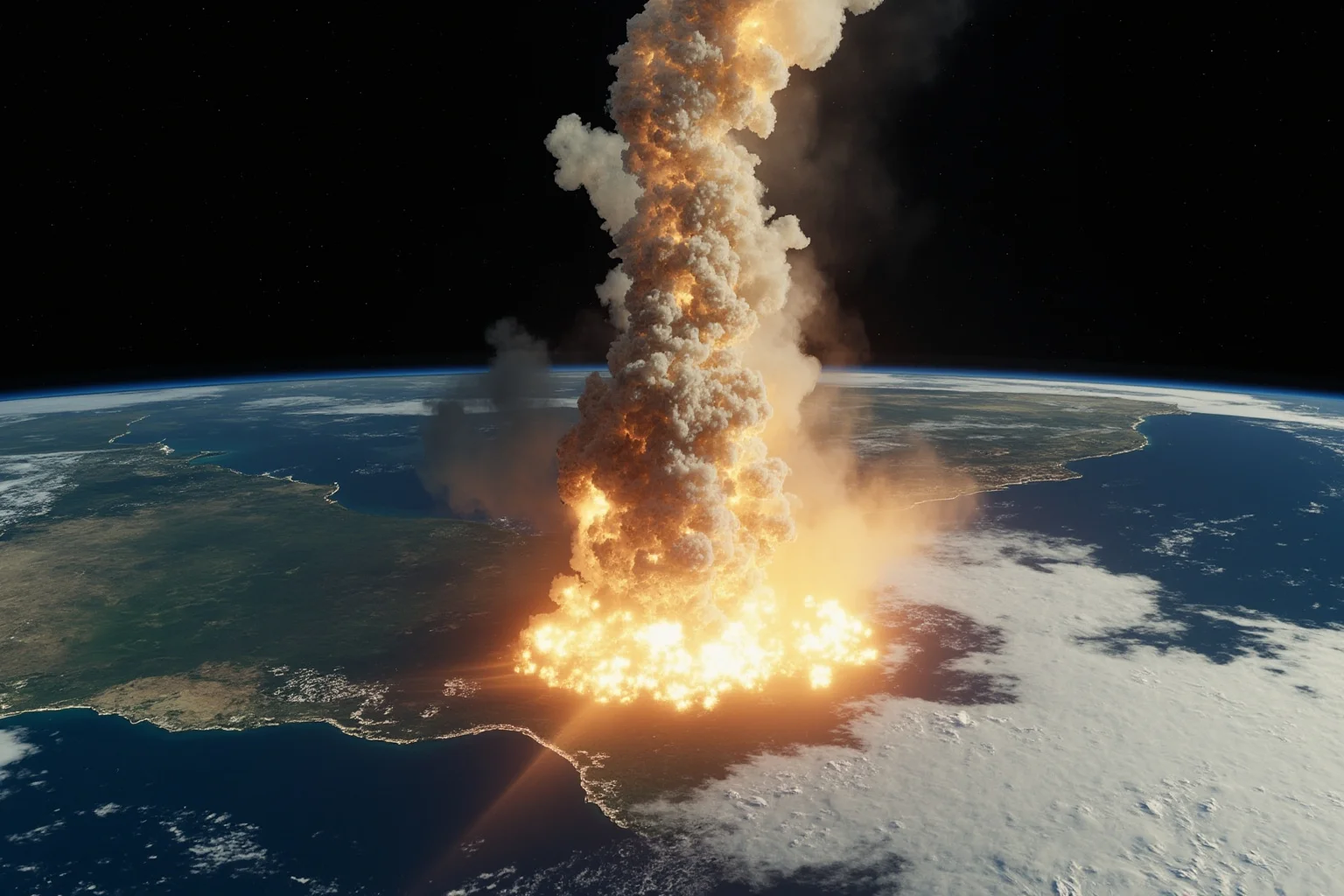 A split scene showing the moment of impact with a towering plume of vaporized rock and sulfur-rich dust rising into the upper atmosphere, viewed from space above the Gulf of Mexico region, realistic but not photorealistic.