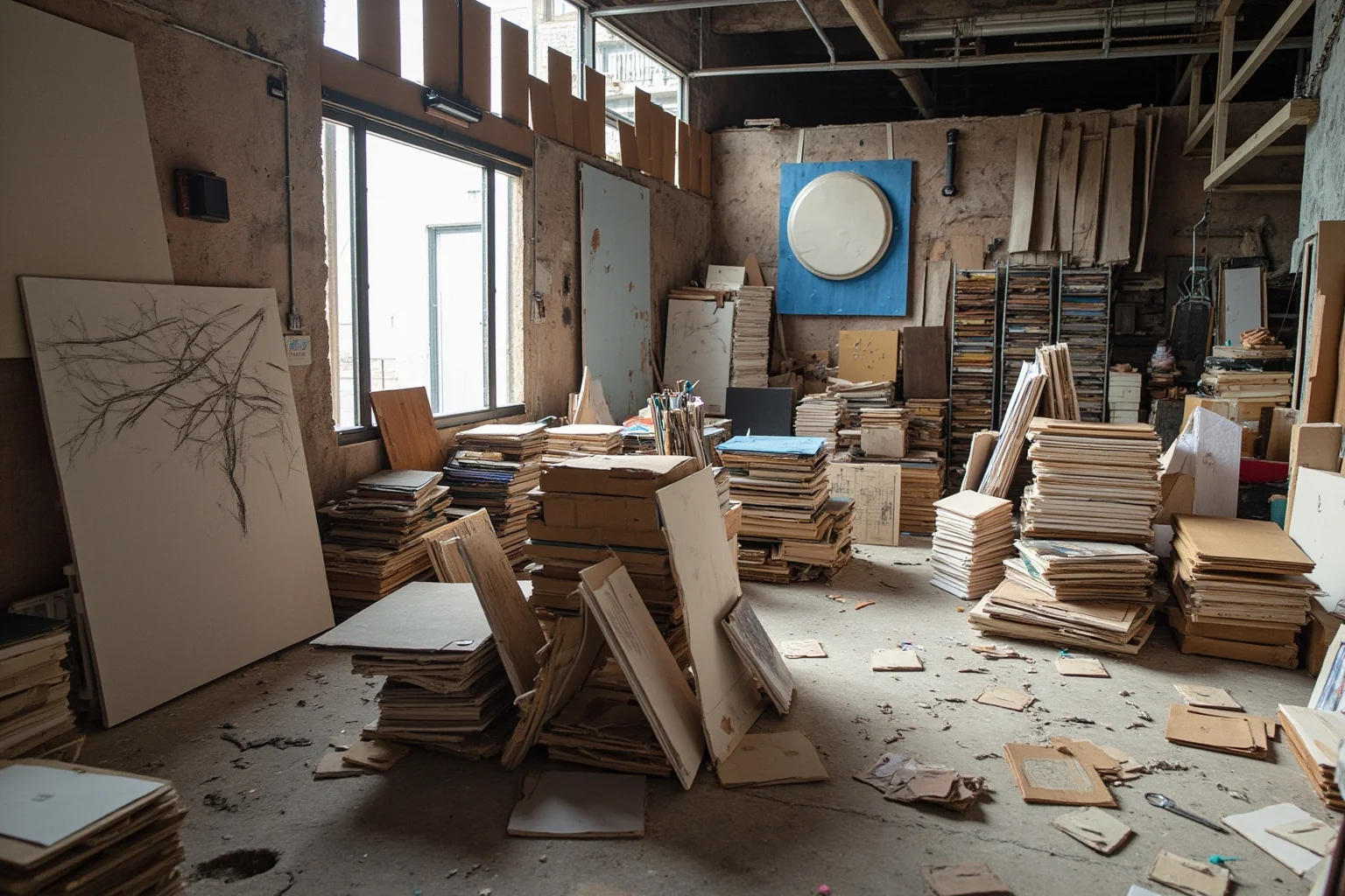 A sprawling room filled with floor-to-ceiling stacks of canvases, sketchbooks, and ceramics, dramatic light, representing an enormous body of work