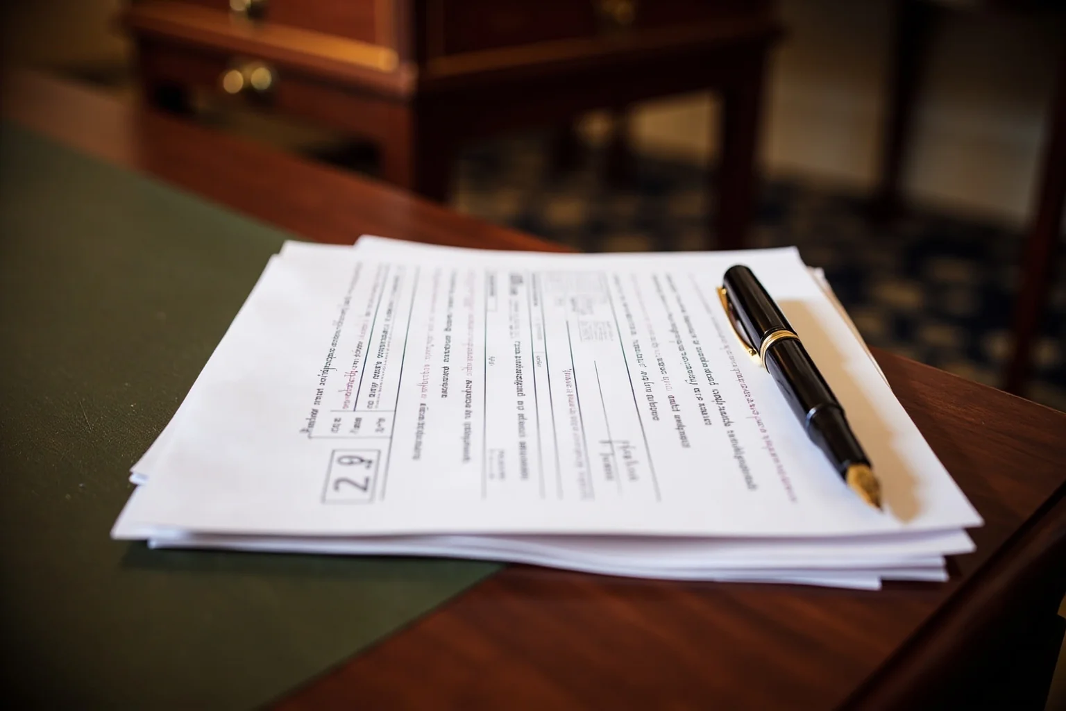 Facts You Didn't Know About Queen Elizabeth II, the World's Second-Longest Reigning Monarch 6 A stack of British tax forms and a fountain pen on a mahogany desk in a palace study, formal and understated
