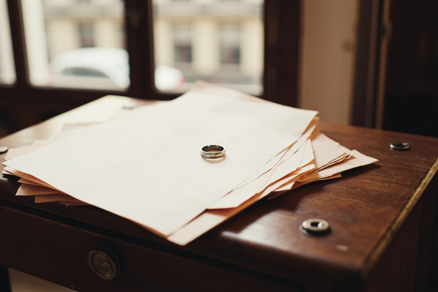 A stack of legal papers and a wedding ring on a wooden desk in a 1930s French apartment, soft window light, vintage style