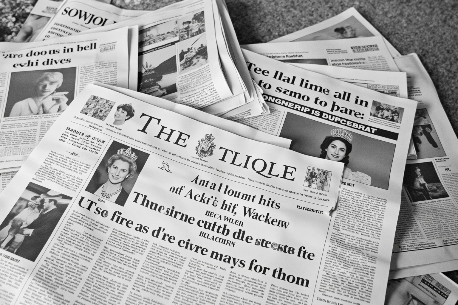 Facts You Didn't Know About Queen Elizabeth II, the World's Second-Longest Reigning Monarch 19 A stack of newspapers from 1992 with headlines about the royal family, black-and-white print texture