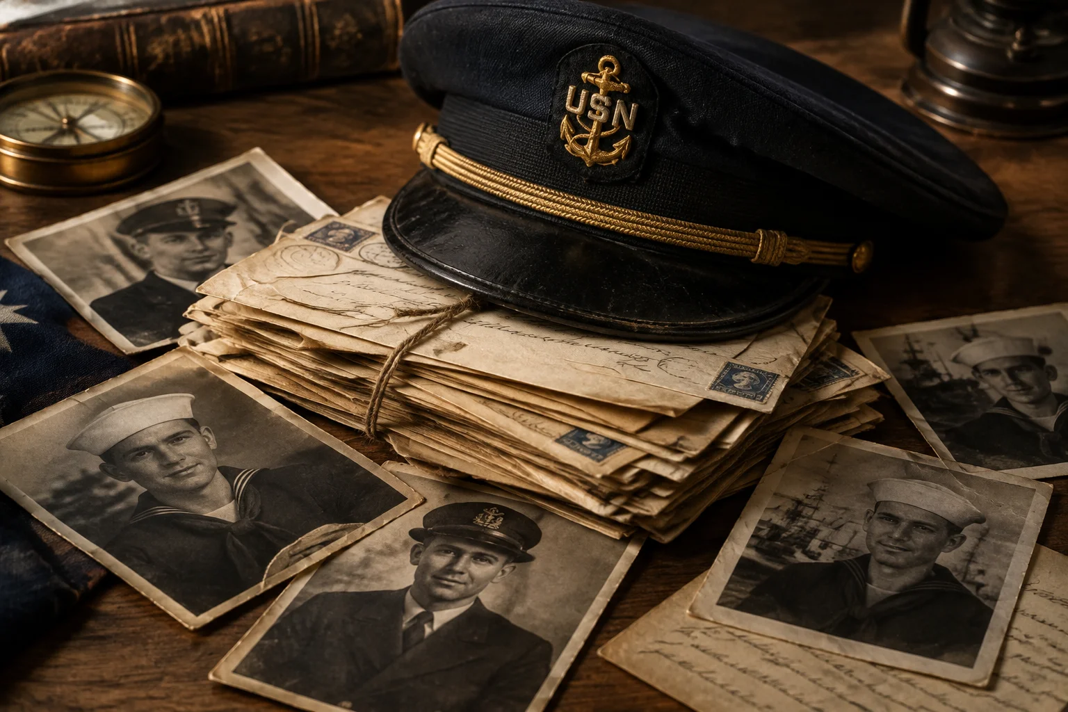 Ghost Blimp 1942: The WWII Blimp That Landed in San Francisco Without a Crew 14 A stack of old letters and photographs of the missing crew members, with a Navy cap resting on top.