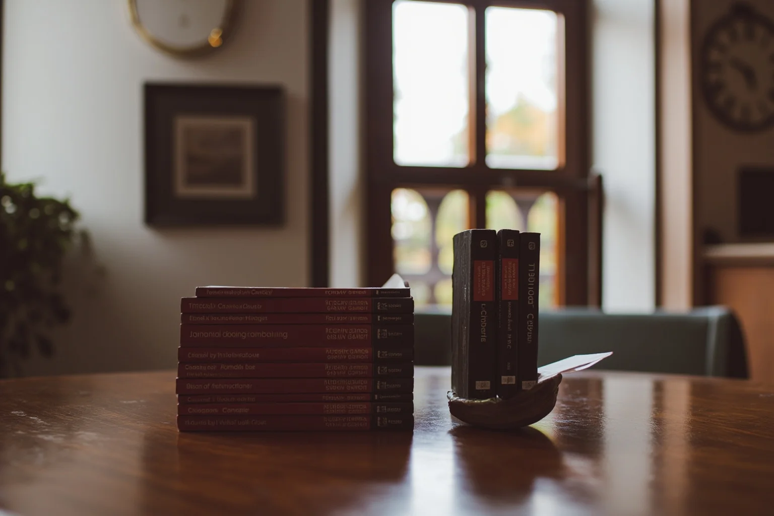 A stack of Penguin Classics paperback editions on a library table with soft natural window light, scholarly and inviting, no legible titles