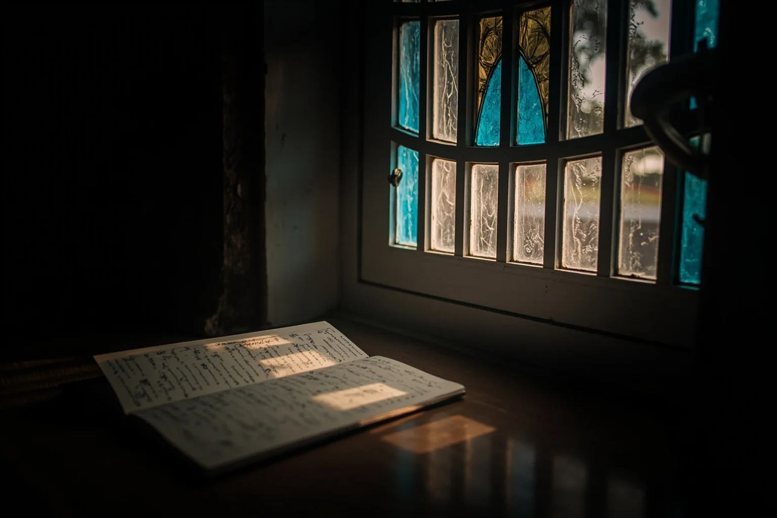 A stained-glass window with light falling on a handwritten journal, spiritual historical mood, no people.