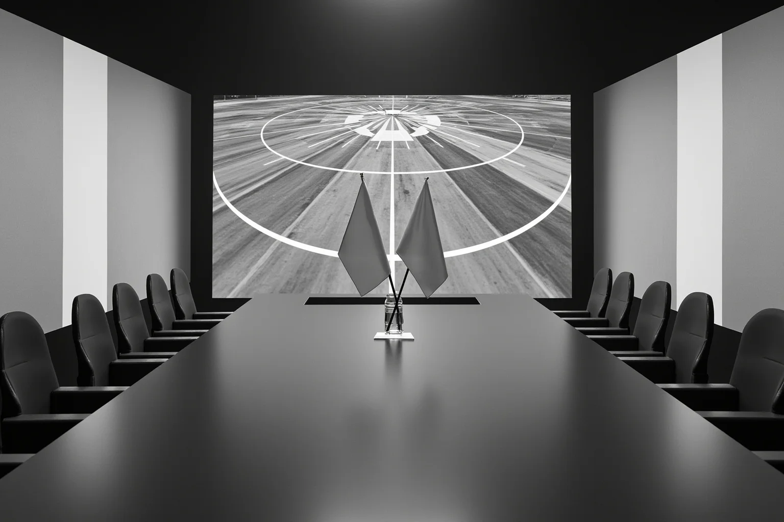 A stark conference room with two flags on stands, a shared radar-style display screen, and empty chairs, evoking Cold War era cooperation, no people