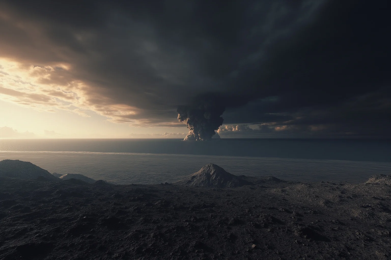 A stark end-Permian landscape with volcanic eruptions in Siberia, barren land, and a dark, ash-filled sky over a nearly empty sea.