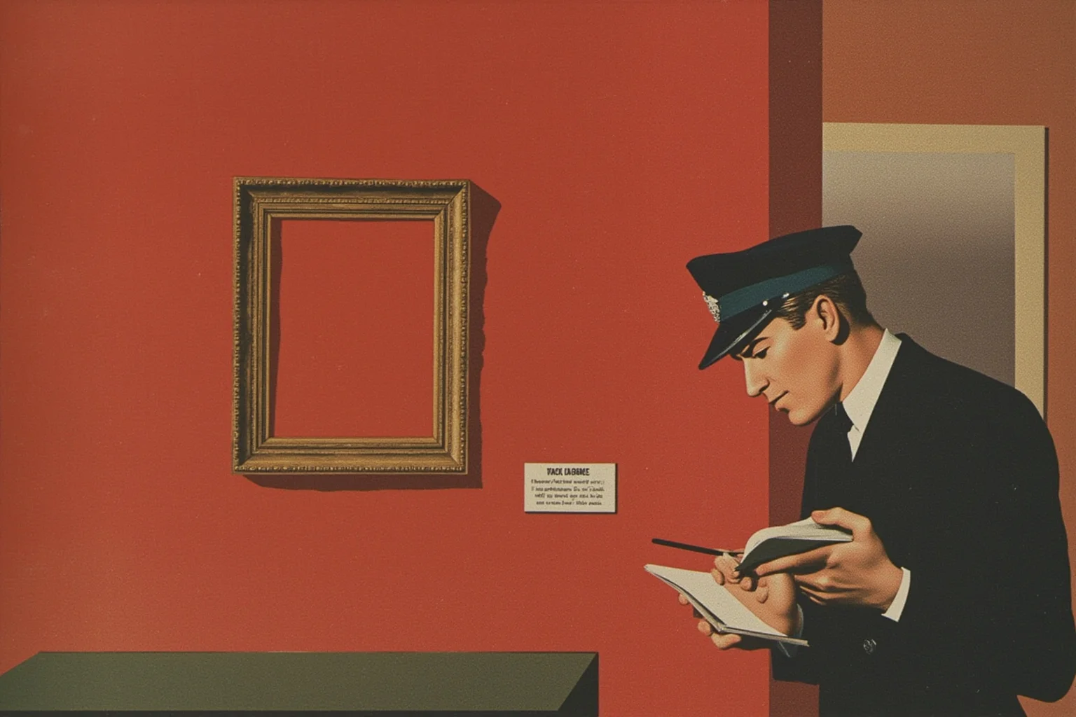 22 Famous Paintings That Were Stolen — Including 10 That Were Never Recovered 4 A stately London gallery in the early 1960s, an empty gilded frame on a red wall and a policeman taking notes in a notebook, muted colors, retro illustration style.