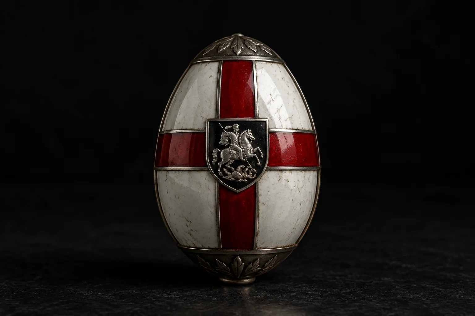 A steel and enamel egg with the Order of St. George cross, reflecting a somber wartime design, on a dark background.