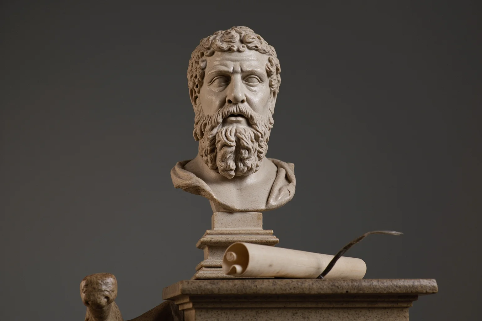 Earliest Laws We Still Practice Today: 10 First Law Codes That Shaped Modern Rules 9 A stern marble bust of an ancient Greek lawgiver on a pedestal, with a scroll and quill on a table nearby.